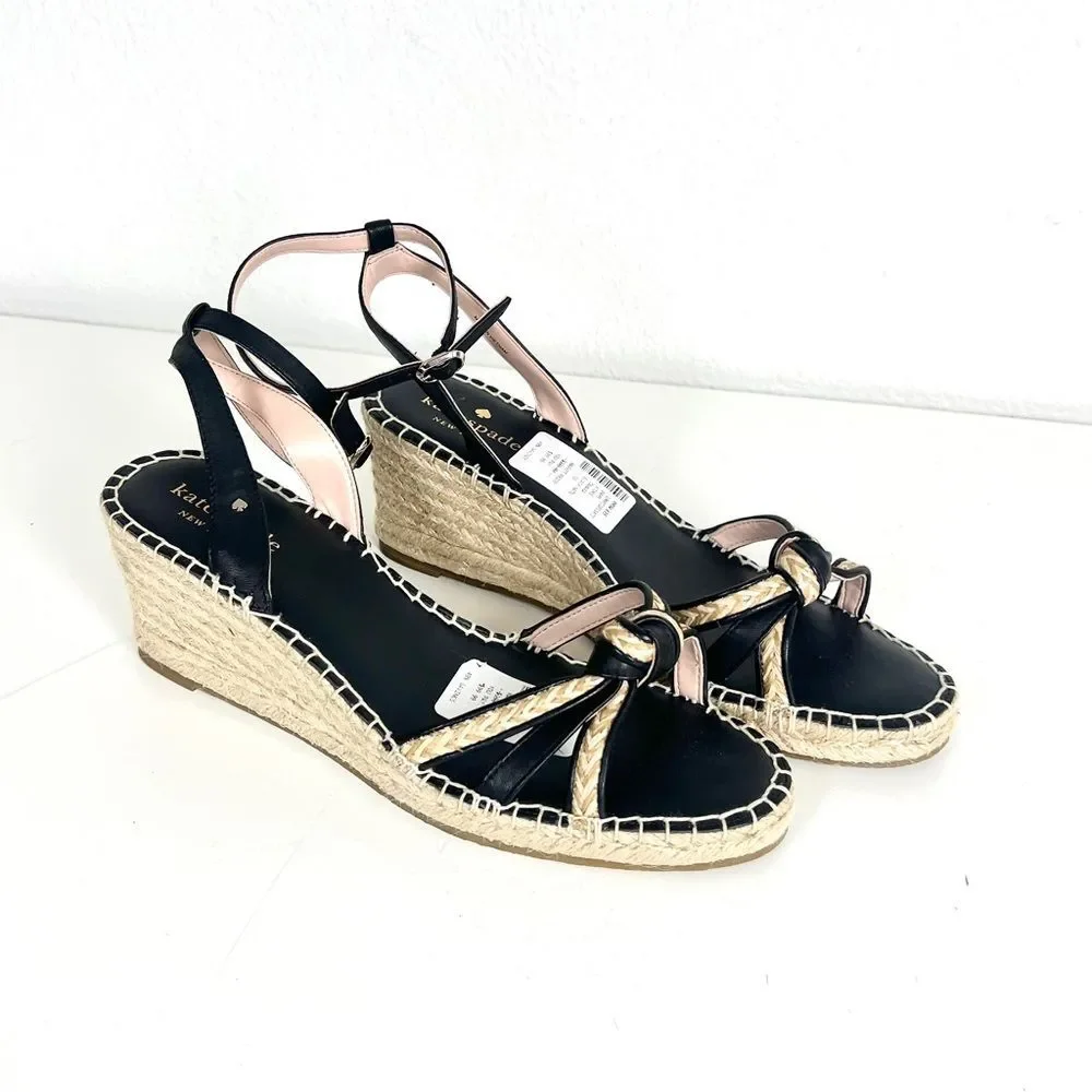 NWOT Kate Spade Y2K Black Wedge Espadrille Sandals